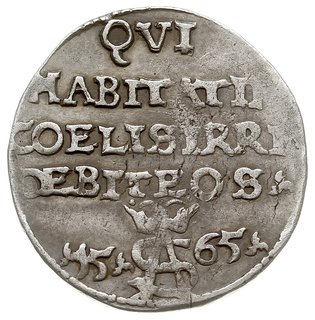 trojak 1565, Tykocin, Iger V.65.1.c (R5), Ivanauskas 9SA59-9, T. 15, niewielka mennicza wada blachy, rzadka moneta z cytatem z psalmu zwana trojakiem szyderczym