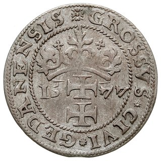 grosz oblężniczy 1577, Gdańsk, wybity w czasie gdy zarządcą mennicy był K. Goebl, na awersie głowa Chrystusa nie wystaje poza wewnętrzną obwódkę, T. 2.50