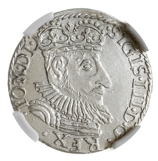 trojak 1592, Olkusz, na rewersie znak topór -zarządcy mennicy Kaspra Rytkiera i znak mennicy -jabłko królewskie, Iger O.92.7.a (R5), moneta wytworzona techniką walcową, w pudełku NGC z certyfikatem MS 62, rzadka