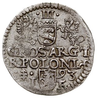 trojak 1593, Olkusz, znak mennicy na rewersie z lewej strony, Iger O.93.7.a (R3), rzadki