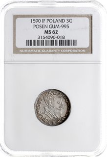 trojak 1590, Poznań, Iger P.90.5.b, moneta w pudełku NGC z certyfikatem MS62