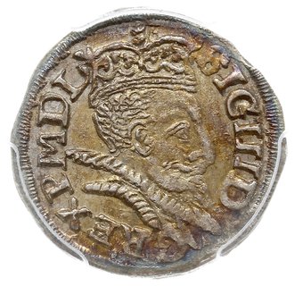 trojak 1598, Lublin, pełna data u dołu rewersu, Iger L.98.h (R), nieco inny napis na awersie SIG III D - G REX P M D L, interpunkcja w postaci krzyżyków na rewersie, moneta w pudełku PCGS z certyfikatem MS 62,  tęczowa patyna, piękny egzemplarz