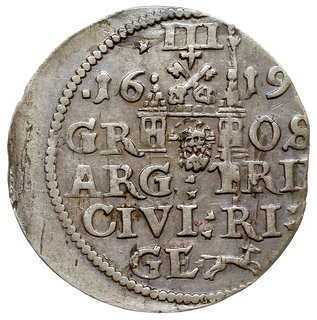 trojak 1619, Ryga, odmiana z dużą głową króla, Iger R.19.3.b (R3), Gerbaszewski 2.10, niecentrycznie wybity, rzadki