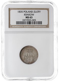 1 złoty 1835, Wiedeń, Plage 294, moneta w pudełku NGC z certyfikatem MS 63, patyna, wyśmienity egzemplarz