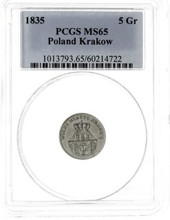 5 groszy 1835, Wiedeń, Plage 296, moneta w pudełku PCGS z certyfikatem MS 65, wyśmienity egzemplarz