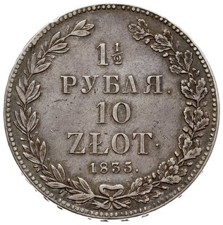 1 1/2 rubla = 10 złotych 1835, Petersburg, Plage 321 -po 3 i 4 kępce liści 1 jagódka, Bitkin 1087 -korona szeroka, patyna