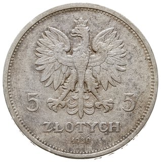 5 złotych 1930, Warszawa, Sztandar” moneta wybita głębokim stemplem, Parchimowicz 115.b, patyna, rzadkie i dość ładnie zachowane