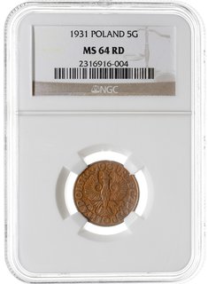5 groszy 1931, Warszawa, Parchimowicz 103.e, moneta w pudełku NGC z certyfikatem MS64 RD, piękne, w czerwonym odcieniu