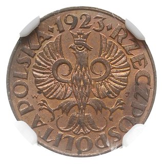 1 grosz 1923, Kings Norton, Parchimowicz 101.a, moneta w pudełku NGC z certyfikatem MS65 RB, piękne, w czerwonym odcieniu