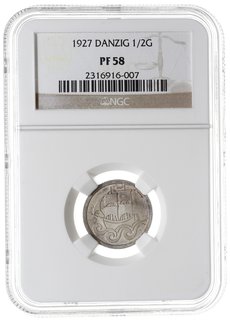 1/2 guldena 1927, Berlin, Koga, Parchimowicz 61.c, moneta wybita stemplem lustrzanym, w pudełku NGC z certyfikatem PF58, bardzo ładna i rzadka