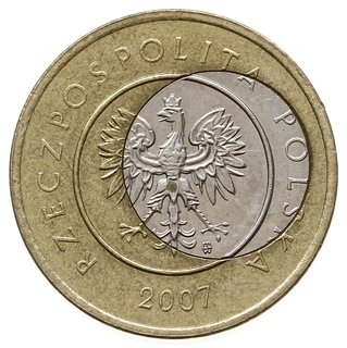 2 złote 2007, Warszawa, destrukt menniczy - przesunięty rdzeń monety, ciekawostka numizmatyczna