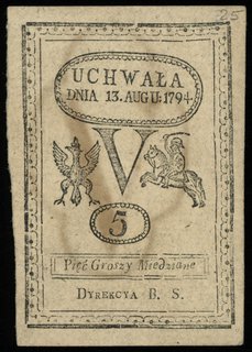 5 groszy miedziane 13.08.1794, Lucow 38 (R1), Miłczak A8a, bardzo ładnie widoczny znak wodny papierni