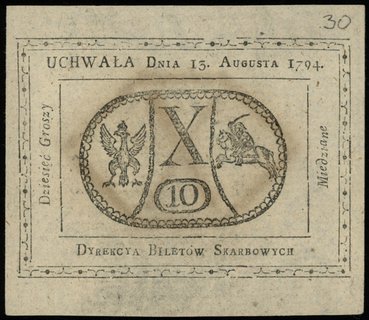 10 groszy miedziane 13.08.1794, Lucow 40 (R1), Miłczak A9a, malutkie dziurki po szpilkach, pięknie zachowane, bardzo ładnie widoczny znak wodny papierni