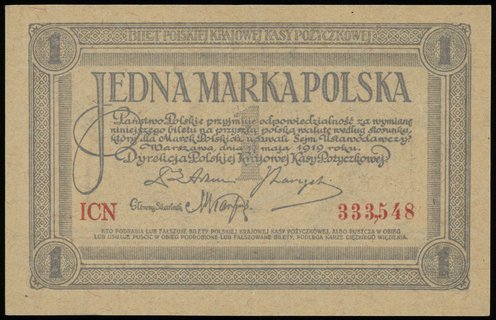 1 marka polska 17.05.1919, seria ICN, numeracja 333548, Lucow 325 (R0), Miłczak 19b, pięknie zachowana