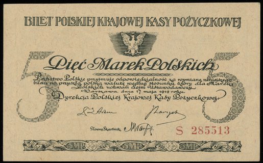 5 marek polskich 17.05.1919, seria S, numeracja 285513, Lucow 328 (R2), Miłczak 20b, niewielkie zagniecenia na marginesach, pięknie zachowane