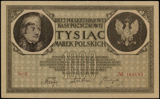 1.000 marek polskich 17.05.1919, seria B, numeracja 160193, fałszerstwo z epoki, papier ze znakiem wodnym pionowe prążki”, Lucow 344 (R6), Miłczak - nie notuje, ale odmiana podobna do 22b, rzadkie