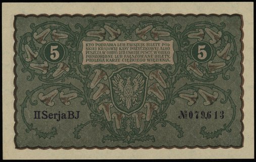 5 marek polskich 23.08.1919, seria II-BJ, numeracja 079613, Lucow 368 (R0), Miłczak 24c, wyśmienite