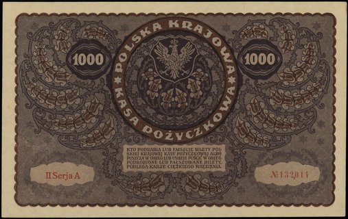 1.000 marek polskich 23.08.1919, seria II-A, numeracja 132014, Lucow 405 (R2) - ilustrowane w katalogu kolekcji, Miłczak 29c, parę ugięć, ale bez złamań, pięknie zachowane