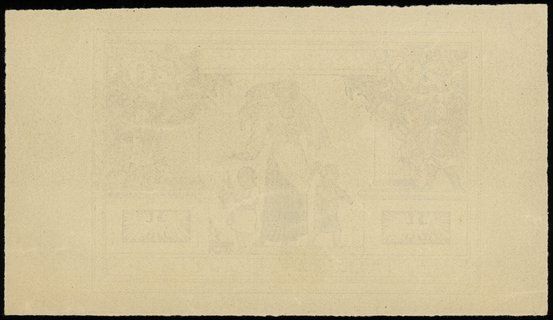 próbny druk strony odwrotnej 20 złotych 20.06.1931, niepełny druk stalorytniczy strony odwrotnej - tylko brązowy i żółty kolor, wraz z odwróconym poddrukiem jak na stronie głównej, papier kremowy bez znaku wodnego, 156x89 mm, Lucow 662 (R8) - ilustrowany w katalogu kolekcji, Miłczak - patrz 72, bez złamań, ale parę ugięć i zmarszczeń