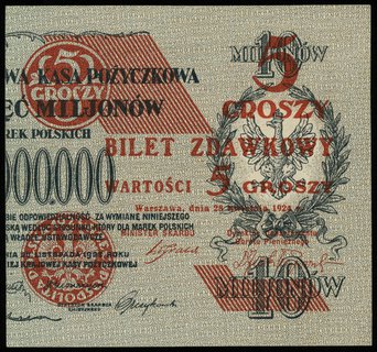 5 groszy 28.04.1924, nadruk na prawej części banknotu 10.000.000 mkp, bez serii i numeracji, Lucow 700 (R2), Miłczak 43b, piękne