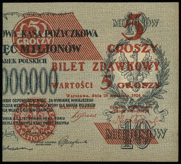 zestaw 2 x 5 groszy 28.04.1924, nadruk na lewej i prawej części banknotu 10.000.000 mkp, bez serii i numeracji, Lucow 699 (R2) i 700 (R2), Miłczak 43a i 43b, pięknie zachowane, razem 2 sztuki