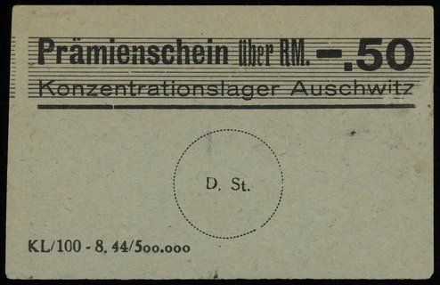 Konzentrationslager Auschwitz, bon na 0.50 marki, bez numeracji, Lucow 884 (R5) - ilustrowane w katalogu kolekcji, Campbell 4189, mała dziurka po szpilce, bardzo ładnie zachowane i bardzo rzadkie
