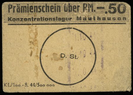 Konzentrationslager Mauthausen, Prämienschein (bon) na 0.50 marki 1944, bez numeracji, Campbell 4076 (jedynie zanotował ten nominał, ale nigdy nie widział) - brak wyceny, na głównej stronie kilkakrotnie powtórzony liniowo w pionie datownik 1.10.44”, złamane, ale bez naderwań, zaokrąglone rogi, ogromna rzadkość, być może unikat