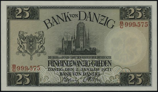 Bank von Danzig, 25 guldenów 2.01.1931, seria B/C, numeracja 999575, Miłczak G49, Jabł. 3790, Ros. 840, w opakowaniu firmy PMG z certyfikatem Superb Gem Unc 67, idealny stan zachowania, bardzo rzadkie szczególnie w tym stanie zachowania