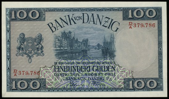 Bank von Danzig, 100 guldenów 1.08.1931, seria D/A, numeracja 379786, Miłczak G50b, Jabł. 3791, Ros. 841, minimalny ślad kleju w lewym dolnym rogu, ale wyjątkowo pięknie zachowane i rzadkie