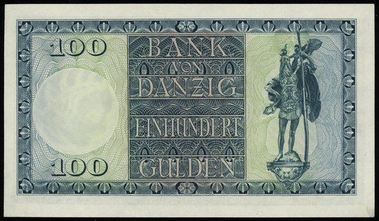 Bank von Danzig, 100 guldenów 1.08.1931, seria D/A, numeracja 379786, Miłczak G50b, Jabł. 3791, Ros. 841, minimalny ślad kleju w lewym dolnym rogu, ale wyjątkowo pięknie zachowane i rzadkie