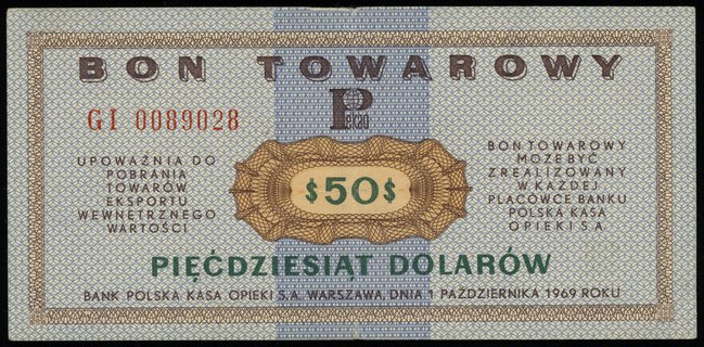 Bank Polska Kasa Opieki S.A., bon towarowy na 50 dolarów 1.10.1969, seria GI, numeracja 0089028, Miłczak B22b, złamane w pionie, zaokrąglone rogi