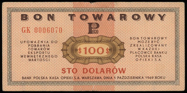 Bank Polska Kasa Opieki S.A., bon towarowy na 100 dolarów 1.10.1969, seria GK, numeracja 0006070, Miłczak B23b, parokrotnie złamane, niewielkie naddarcia na głównym złamaniu, rzadkie nawet w tym stanie zachowania