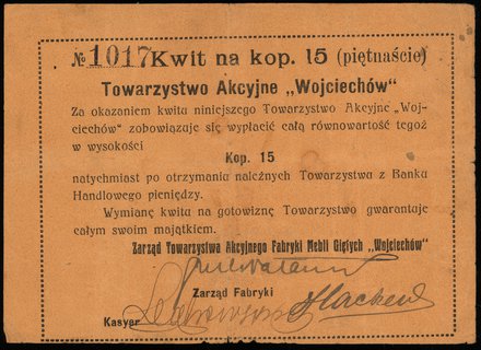 Kamińsk, Towarzystwo Akcyjne Fabryki Mebli Giętych Wojciechów”, 15 kopiejek (1914), Podczaski R-123.C.2 (c.a.), Jabł. 1087, bardzo rzadkie