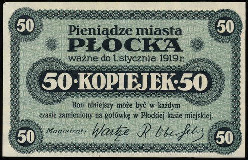 Płock- miasto, 20 i 50 kopiejek, ważne do 1.01.1919, Podczaski R-310.B.3.a i R-310.B.4.a, Jabł. 1519 i 1520, łącznie 2 sztuki