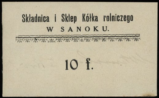 Sanok, Składnica i Sklep Kółka Rolniczego w Sanoku, 10 i 50 fenigów oraz 1 marka polska (1920), Podczaski G-313.B.1.a, G-313.B.3, G-313.B.4.b, Jabł. 444-446, łącznie 3 sztuki, bardzo rzadkie