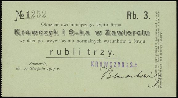 Zawiercie, Krawczyk i S-ka w Zawierciu, 50 kopiejek i 3 ruble, 20.08.1914, Podczaski R-503.4.b (c.a.) i R-503.6.b, Jabł. 1931 i 1933, rzadkie i bardzo ładnie zachowane, razem 2 sztuki