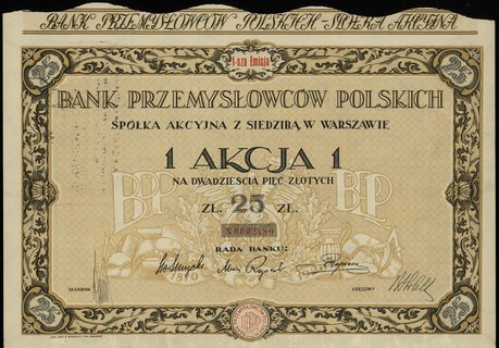 Bank Przemysłowców Polskich S.A z siedzibą w Warszawie, 1 akcja na 25 złotych (1927 r.), I emisja, numeracja 0002480, z talonem i kuponami 1-10, Niegrzybowski I-E-35