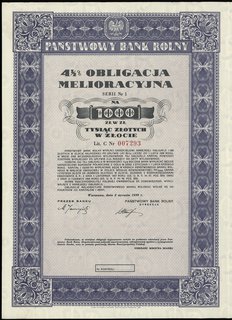 Państwowy Bank Rolny, 4 1/2 % obligacja melioracyjna na 1.000 złotych w złocie, Warszawa 2.01.1939, seria 1, litera C, numeracja 007293, z talonem i półrocznymi kuponami 1-30 (na lata 1940-1954), Niegrzybowski I-B-2