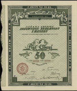 S.A. Drzewnego Przemysłu i Handlu, 5 akcji po 10 złotych = 50 złotych (1926 r.), numeracja 35786-35790, z talonem i kuponami 2-10, Niegrzybowski XV-A-61