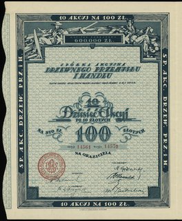 S.A. Drzewnego Przemysłu i Handlu, 10 akcji po 10 złotych = 100 złotych (1926 r.), numeracja 14561-14570, z talonem i kuponami 2-10, Niegrzybowski XV-A-61