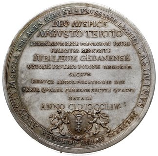 medal na 300-lecie przyłączenia Prus Królewskich do Polski 1754, nieznany medalier, Aw: Dwa orły trzymające w szponach krzyż równoramienny, w tle widok Gdańska, powyżej napis VICINA LIBERA CONCORS