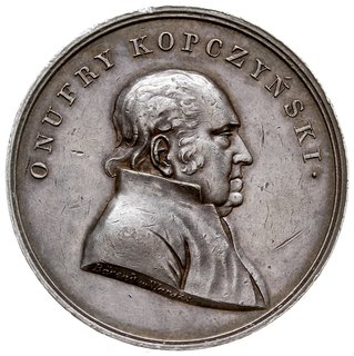 Onufry Kopczyński, medal 1816 sygnowany Bärend w Warsz:, Aw: Popiersie w prawo, powyżej półkolisty napis ONUFRY KOPCZYŃSKI, Rw: W wieńcu z gałązek dębowych poziomy napis ZA / GRAMATYKĘ / POLSKIEGO / IĘZYKA, w odcinku ZIOMKOWIE / 1816, srebro 50 mm, 56.48 g, H-Cz. 3911 (R2), zacięcie na obrzeżu, rzadki