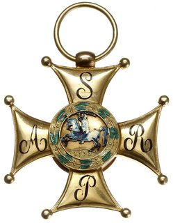 Krzyż Złoty Orderu Virtuti Militari IV klasa, 1831, wykonany z blachy złotej, pustej wewnątrz, 12.71 g, 39 x 39 mm, emalia, brak wstążki, krzyż wykonany na emigracji po Powstaniu Listopadowym, charakteryzuje się bardzo wysokim poziomem sztuki złotniczej, zwłaszcza zachwyca cudownie wykonany Orzeł, niewielkie wgniecenie na prawym ramieniu krzyża nie wpływa na obniżenie wysokiej oceny stanu zachowania