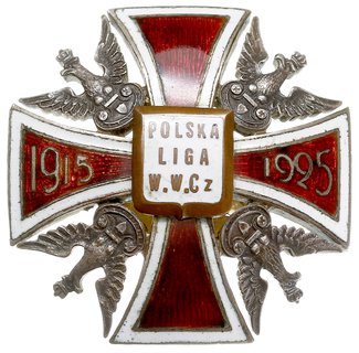 odznaka pamiątkowa Polska Liga Wojenna Walki Czynnej, dwuczęściowa, tombak srebrzony 48 x 48 mm, emalia, wersja z mocowaniem na słupek, Sawicki/Wielechowski s. 672