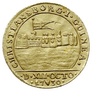 Krystian VI 1730-1746, dukat 1730 S, Kopenhaga, Aw: Monogram pod koroną, D G REX DAN NOR VAN CO, Rw: Forteca w Christiansborgu na Gwinei, CHRISTIANSBORG I GUINEA, w odcinku D XII OCTO 17-30, złoto 3.44 g, Hede 1, Fr. 248, wybity z okazji koronacji króla dla Kompanii Zachodnioindyjskiej, rzadki