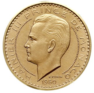 Rainier III 1949-2005, 10 franków 1950, Paryż, piefort, próba ESSAI, złoto 20.98 g, Fr. 30, Charlet 196 var., nakład 325 sztuk, bardzo rzadkie
