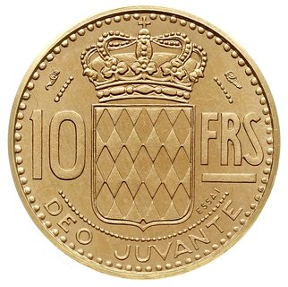 Rainier III 1949-2005, 10 franków 1950, Paryż, piefort, próba ESSAI, złoto 20.98 g, Fr. 30, Charlet 196 var., nakład 325 sztuk, bardzo rzadkie
