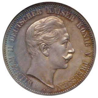 Wilhelm II 1888-1918, 5 marek 1900 A, Berlin, wybite stemplem lustrzanym (PROOF), AKS 129, J. 104, moneta w pudełku firmy NGC z oceną PF65, patyna