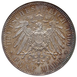 Wilhelm II 1888-1918, 5 marek 1900 A, Berlin, wybite stemplem lustrzanym (PROOF), AKS 129, J. 104, moneta w pudełku firmy NGC z oceną PF65, patyna