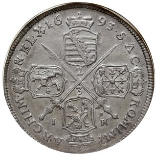 Jan Jerzy IV 1691-1694, gulden 1693 IK, Drezno, Kahnt 661, Dav. 812, Merseb. 1317, moneta w pudełku firmy NGC z certyfikatem AU 55, bardzo ładnie zachowana